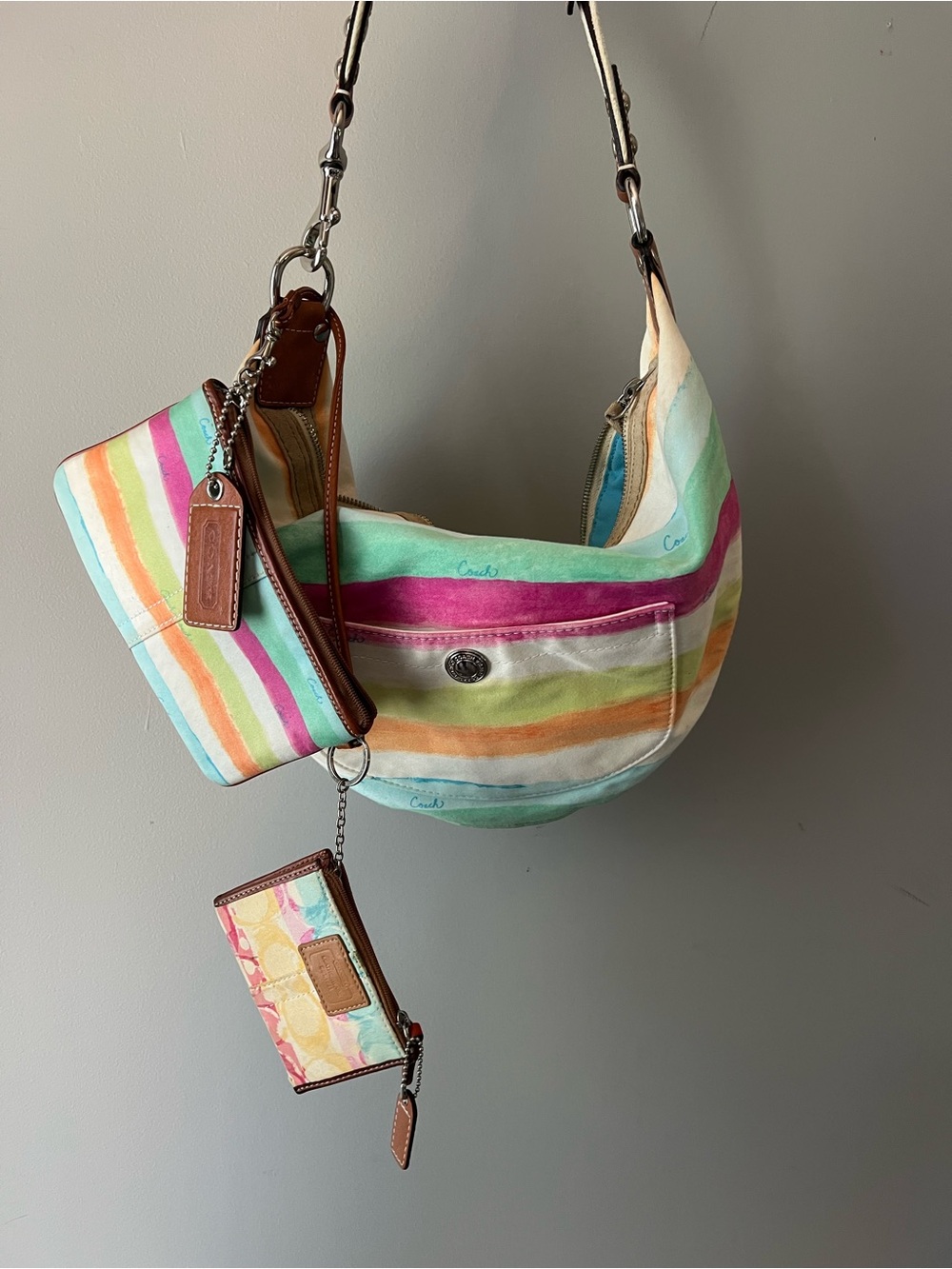 Coach Hampton Watercolor Stripe Hobo shoulder bag + wristlet & cardholder